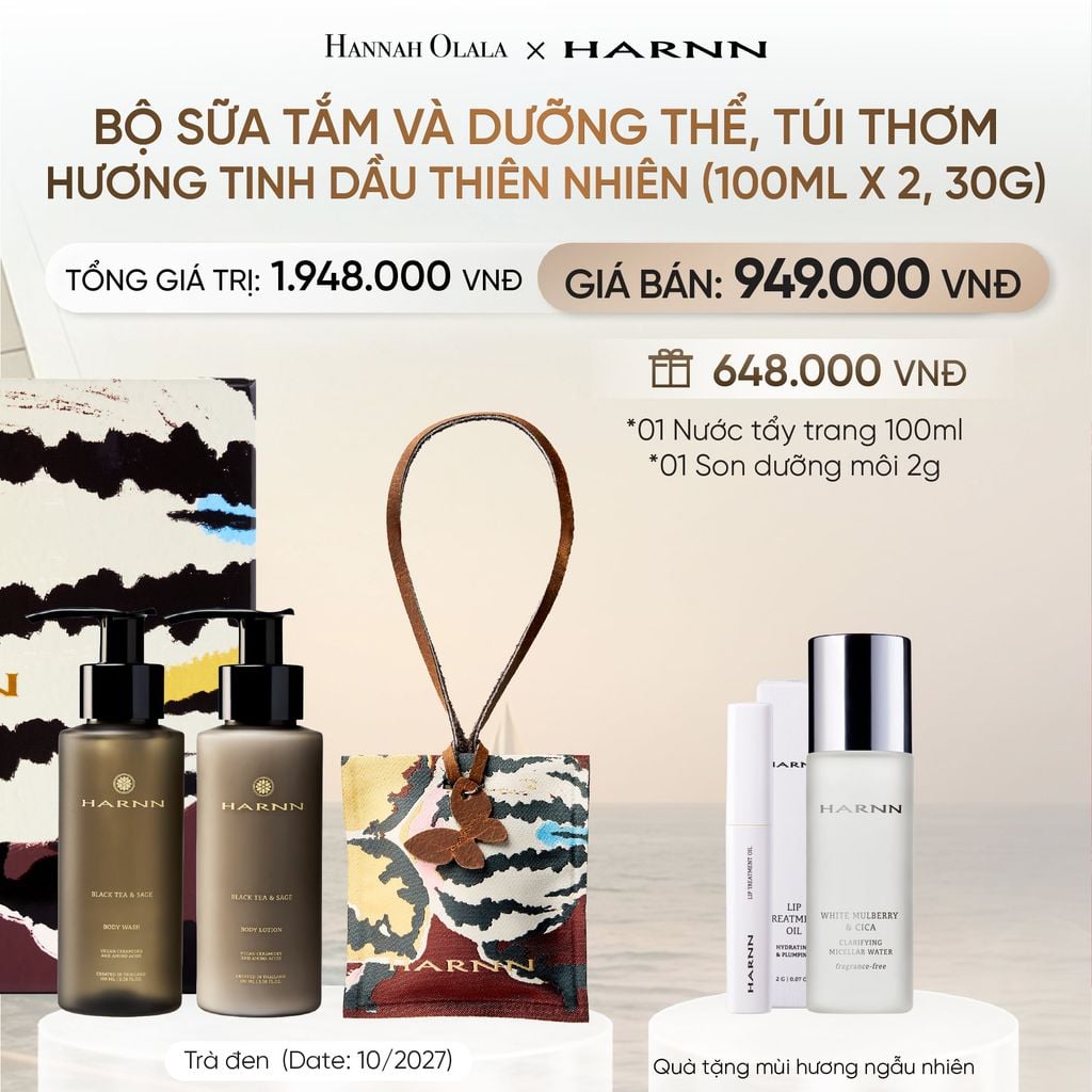  BỘ SỮA TẮM VÀ DƯỠNG THỂ, TÚI THƠM HARNN HƯƠNG TINH DẦU THIÊN NHIÊN (100ML X 2, 30G) (DATE: 10/2027) _ DEAL 15 