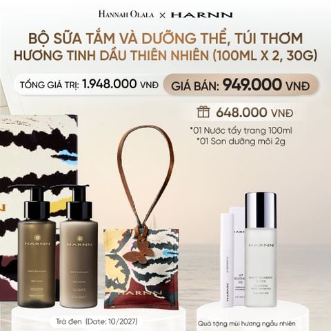  BỘ SỮA TẮM VÀ DƯỠNG THỂ, TÚI THƠM HARNN HƯƠNG TINH DẦU THIÊN NHIÊN (100ML X 2, 30G) (DATE: 10/2027) _ DEAL 15 