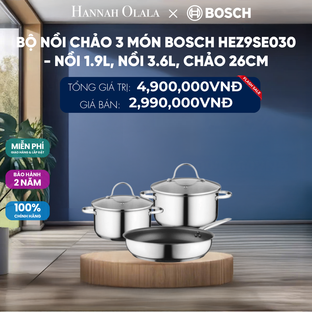  BỘ NỒI CHẢO 3 MÓN BOSCH HEZ9SE030 - NỒI 1.9L, NỒI 3.6L, CHẢO 26CM - DEAL 15 