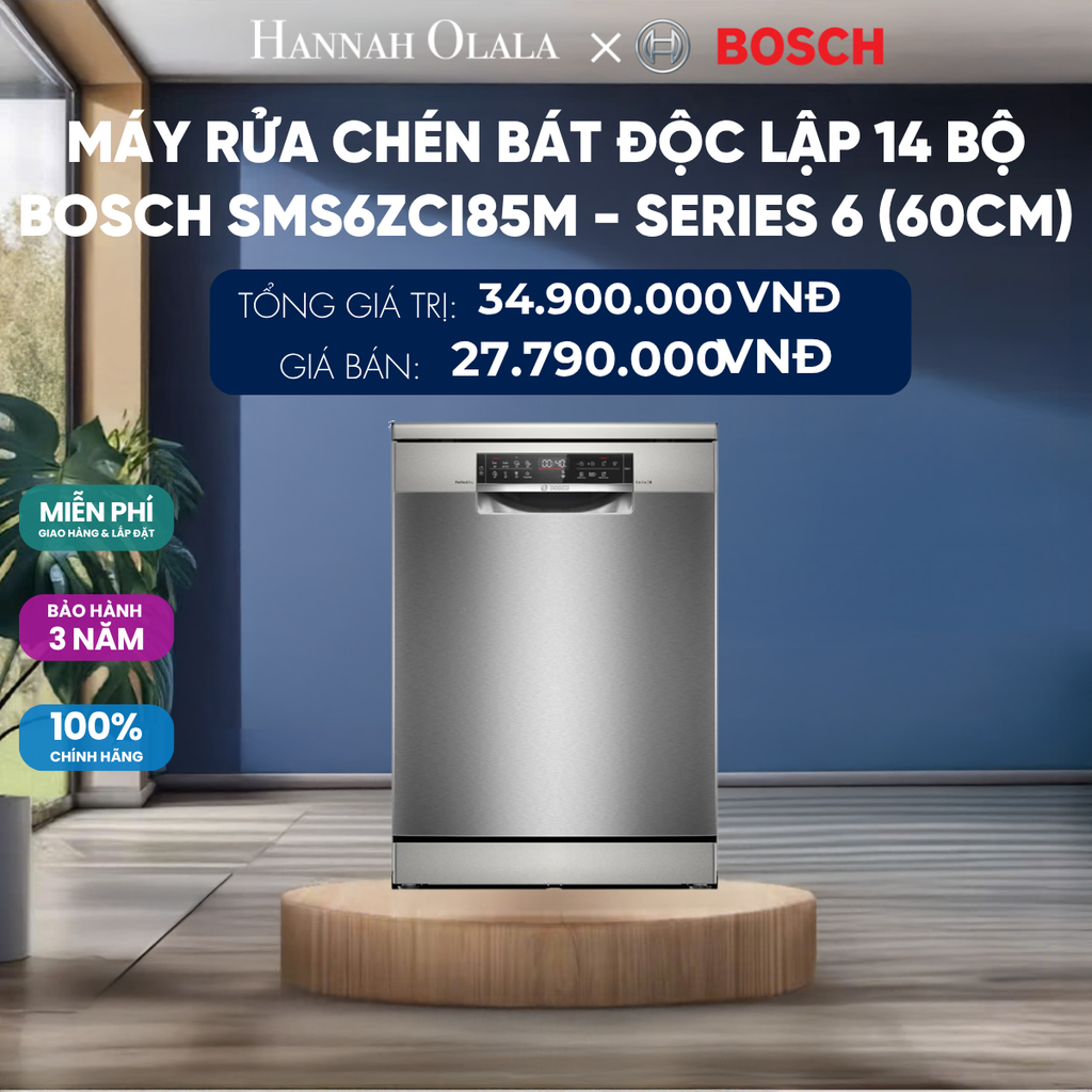  MÁY RỬA CHÉN BÁT ĐỘC LẬP 14 BỘ BOSCH SMS6ZCI85M - SERIES 6 (60CM) 