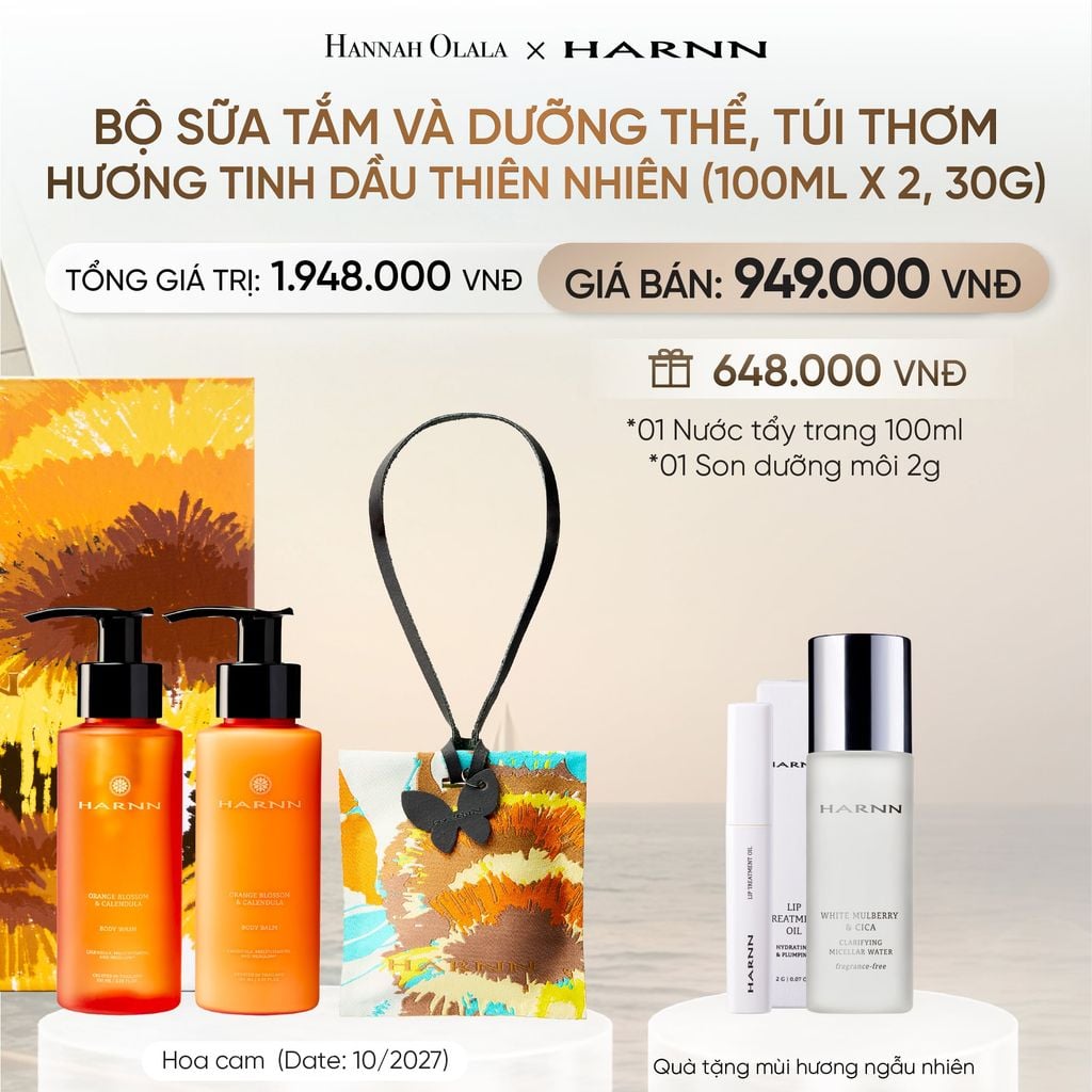  BỘ SỮA TẮM VÀ DƯỠNG THỂ, TÚI THƠM HARNN HƯƠNG TINH DẦU THIÊN NHIÊN (100ML X 2, 30G) (DATE: 10/2027) _ DEAL 15 