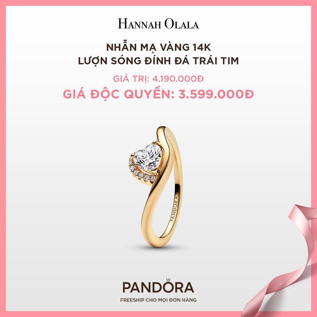  A40_DEAL 33: NHẪN PANDORA MẠ VÀNG 14K LƯỢN SÓNG ĐÍNH ĐÁ TRÁI TIM 
