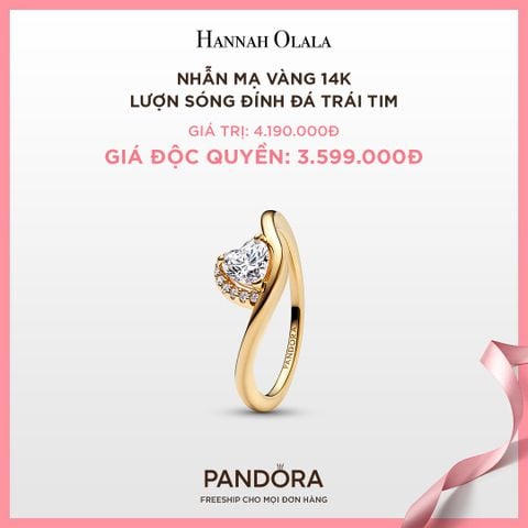  A40_DEAL 33: NHẪN PANDORA MẠ VÀNG 14K LƯỢN SÓNG ĐÍNH ĐÁ TRÁI TIM 