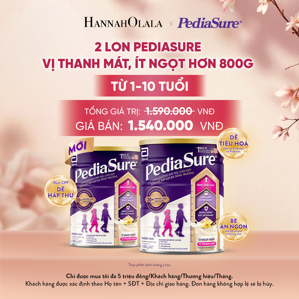  2 LON PEDIASURE VỊ THANH MÁT, ÍT NGỌT HƠN 800G (DÙNG CHO BÉ 1-10 TUỔI) DEAL 16: - A369 