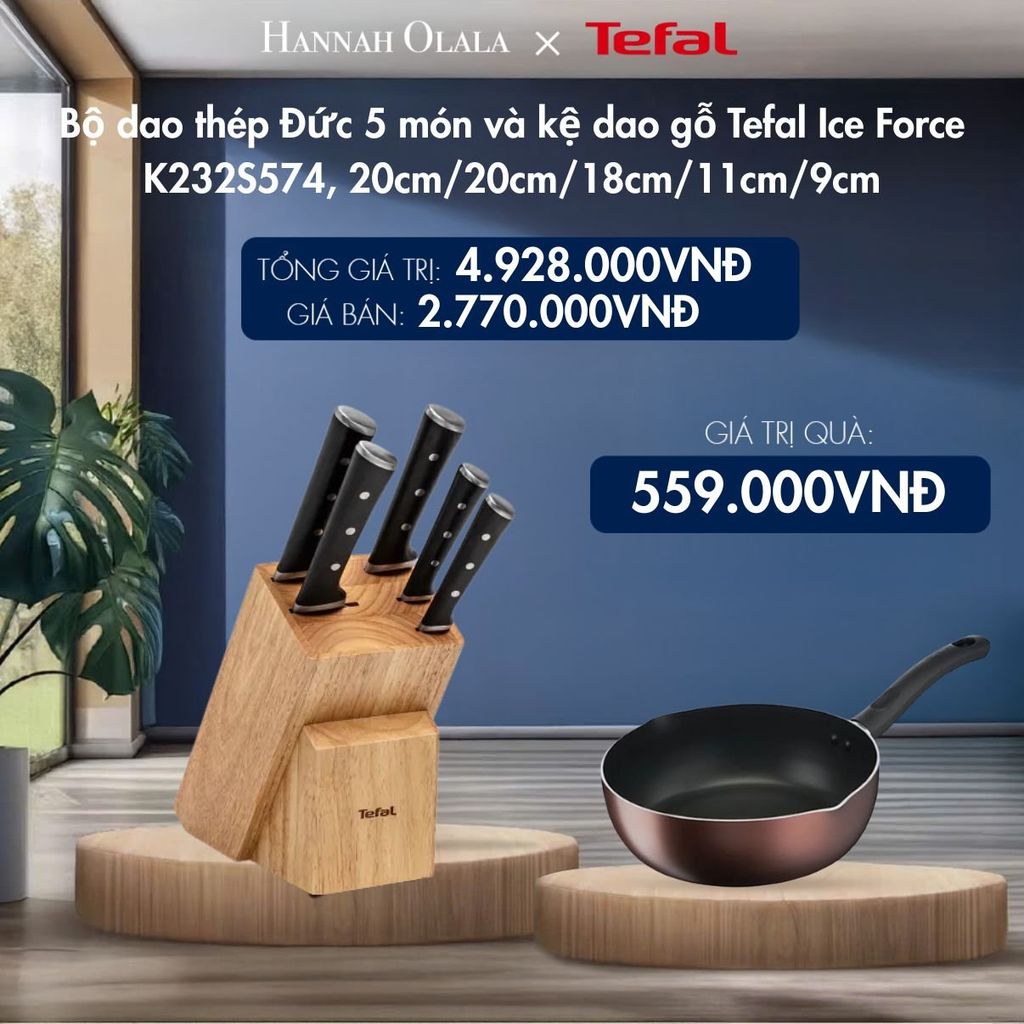  M131_DEAL 14.2: BỘ DAO THÉP ĐỨC 5 MÓN VÀ KỆ DAO GỖ TEFAL ICE FORCE K232S574, 20CM/20CM/18CM/11CM/9CM 