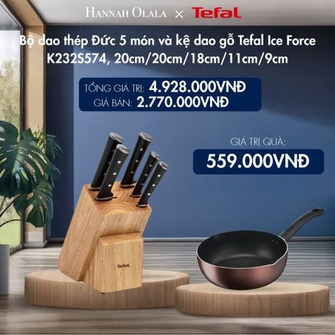  DEAL 14.2: BỘ DAO THÉP ĐỨC 5 MÓN VÀ KỆ DAO GỖ TEFAL ICE FORCE K232S574, 20CM/20CM/18CM/11CM/9CM 