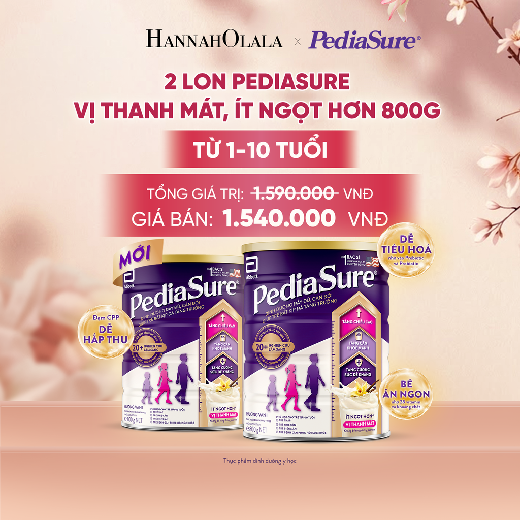  2 LON PEDIASURE VỊ THANH MÁT, ÍT NGỌT HƠN 800G (DÙNG CHO BÉ 1-10 TUỔI) DEAL 16: - A369 