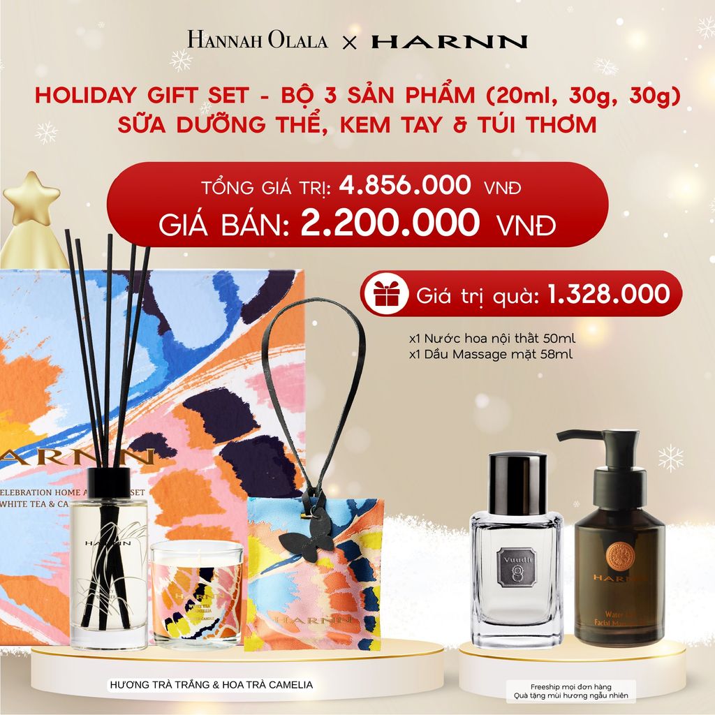 A1116_DEAL 16: HOLIDAY SET HOME AMBIENCE - BỘ 3 SẢN PHẨM NẾN THƠM, TÁN HƯƠNG & TÚI THƠM HƯƠNG TRÀ TRẮNG (80ml, 100ml, 30g) 