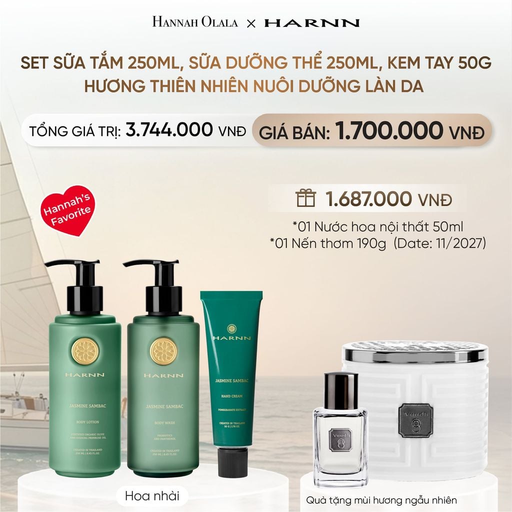  HANNAH'S FAVORITE HARNN SET SỮA TẮM 250ML, SỮA DƯỠNG THỂ 250ML, KEM TAY 50G HƯƠNG THIÊN NHIÊN NUÔI DƯỠNG LÀN DA _ DEAL 16 