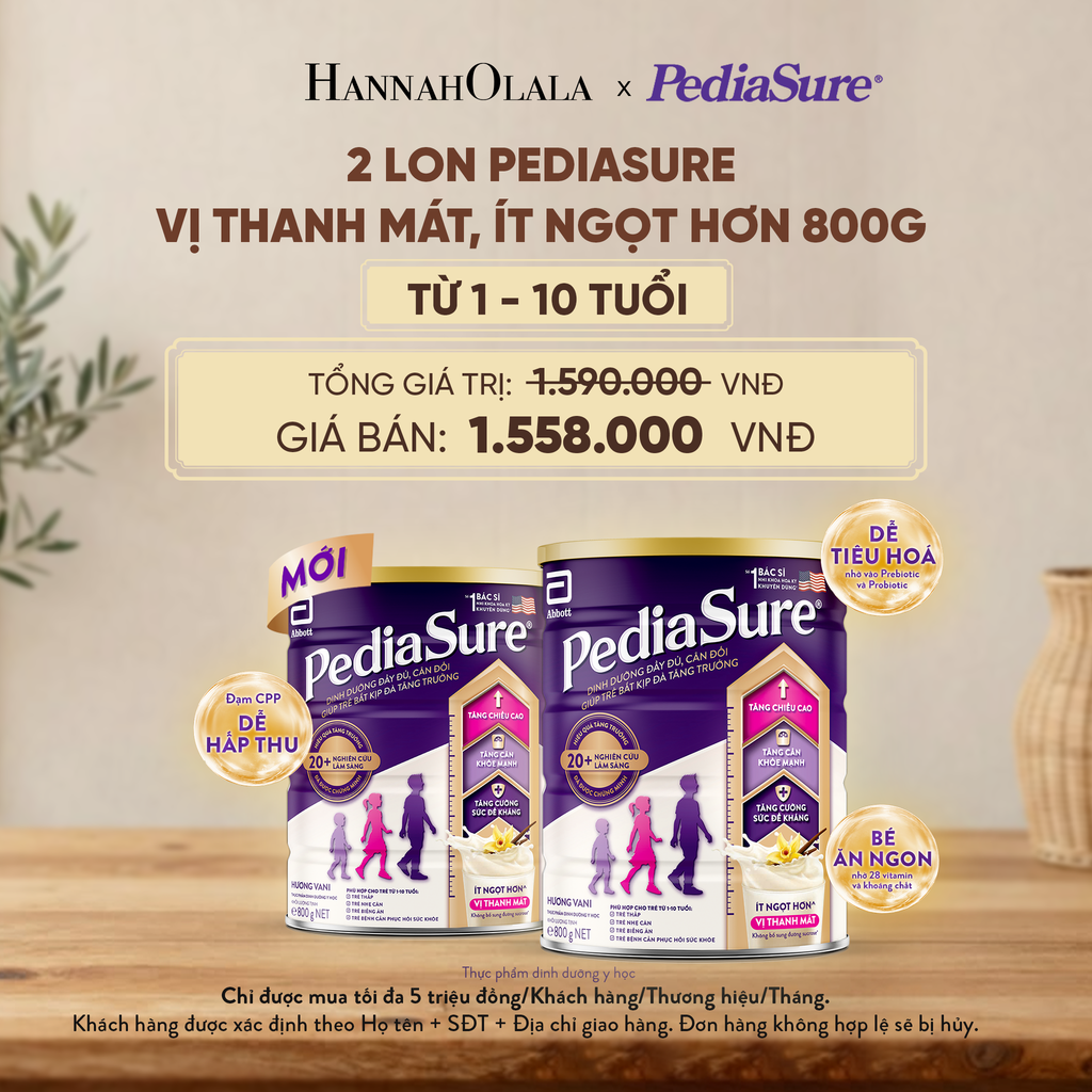  2 LON PEDIASURE VỊ THANH MÁT, ÍT NGỌT HƠN 800G (DÙNG CHO BÉ 1-10 TUỔI) - D95 