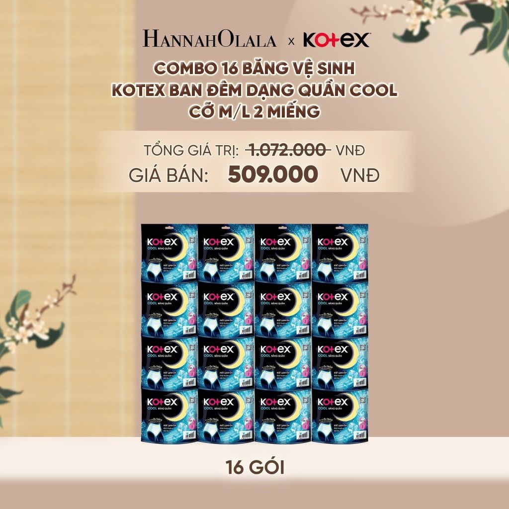  COMBO 16 BĂNG VỆ SINH KOTEX BAN ĐÊM DẠNG QUẦN COOL CỠ M/L 2 MIẾNG - A491 