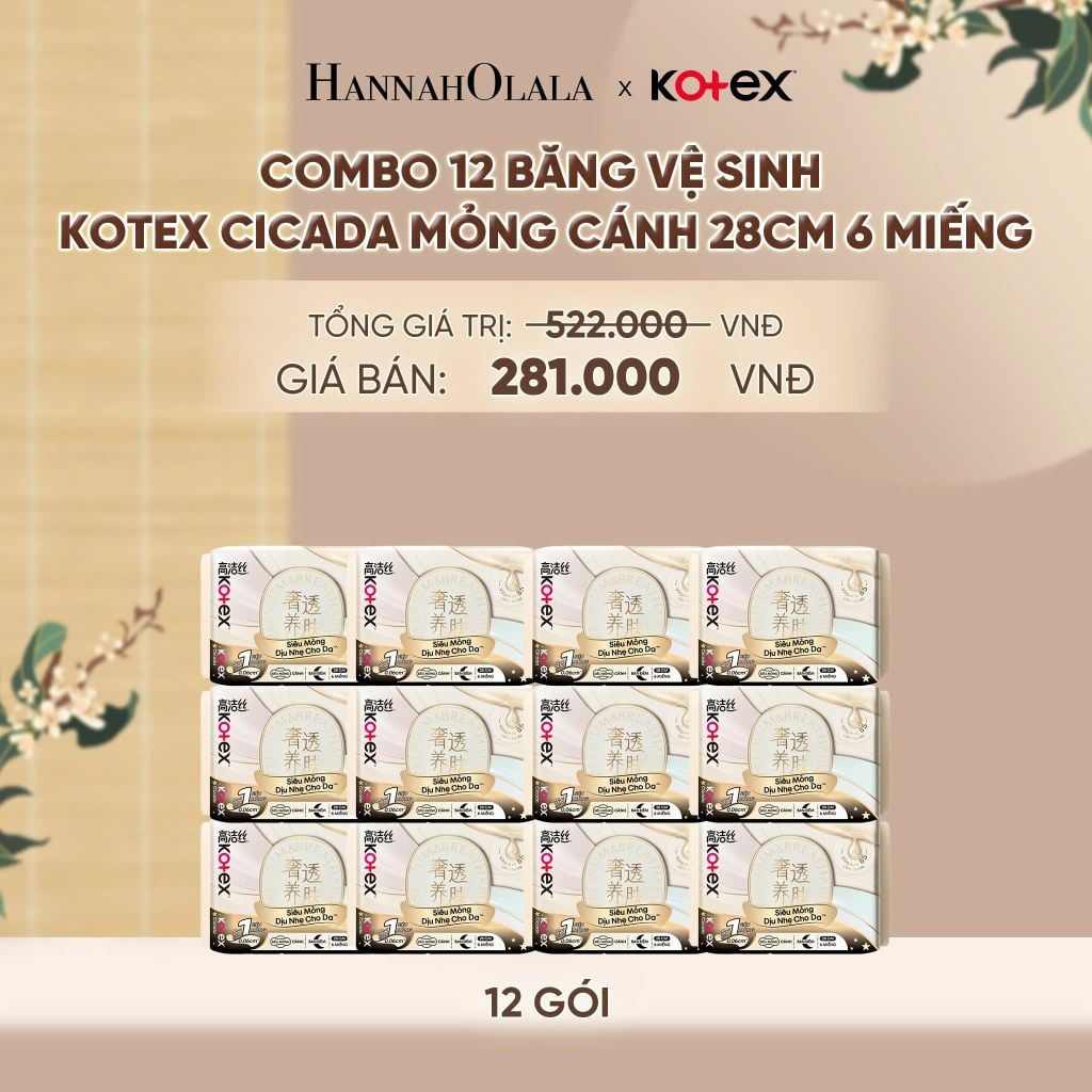 COMBO 12 BĂNG VỆ SINH KOTEX CICADA MỎNG CÁNH 28CM 6 MIẾNG - A485 