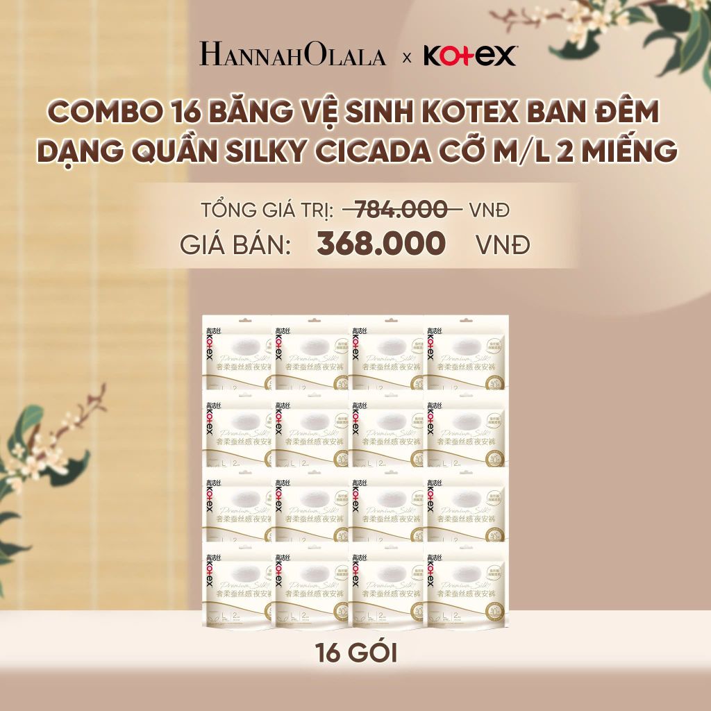  COMBO 16 BĂNG VỆ SINH KOTEX BAN ĐÊM DẠNG QUẦN SILKY CICADA CỠ M/L 2 MIẾNG - A472 