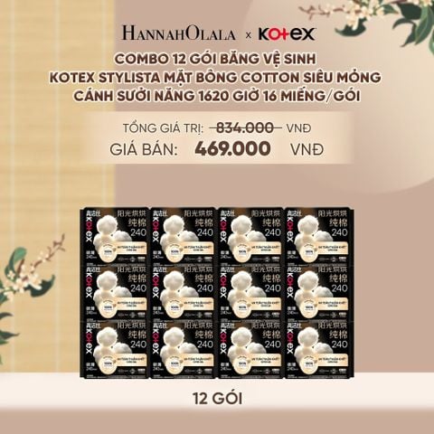  COMBO 12 GÓI BĂNG VỆ SINH KOTEX STYLISTA MẶT BÔNG COTTON SIÊU MỎNG CÁNH SƯỞI NĂNG 1620 GIỜ 16 MIẾNG/GÓI - A488 
