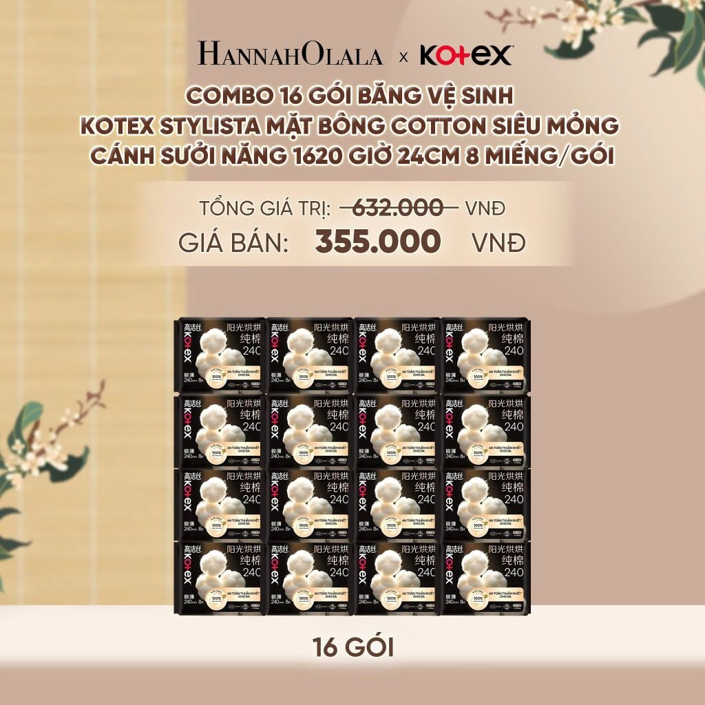  COMBO 16 GÓI BĂNG VỆ SINH KOTEX STYLISTA MẶT BÔNG COTTON SIÊU MỎNG CÁNH SƯỞI NĂNG 1620 GIỜ 24CM 8 MIẾNG/GÓI - A487 