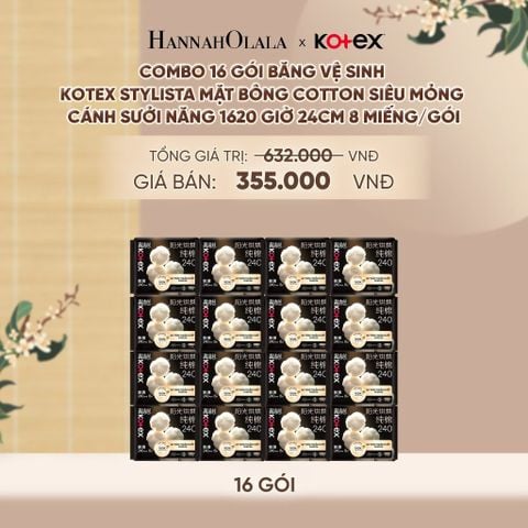  COMBO 16 GÓI BĂNG VỆ SINH KOTEX STYLISTA MẶT BÔNG COTTON SIÊU MỎNG CÁNH SƯỞI NĂNG 1620 GIỜ 24CM 8 MIẾNG/GÓI - A487 