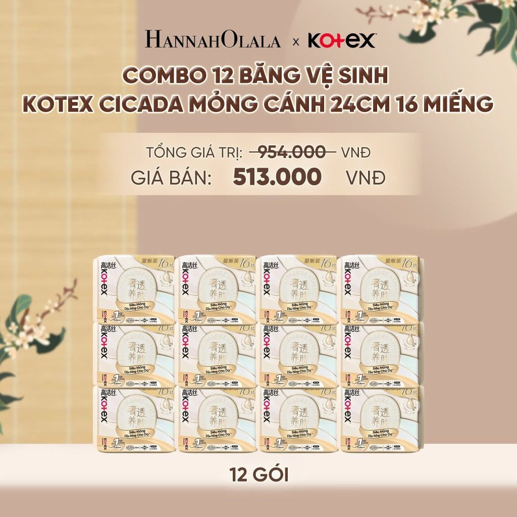  COMBO 12 BĂNG VỆ SINH KOTEX CICADA MỎNG CÁNH 24CM 16 MIẾNG - A484 
