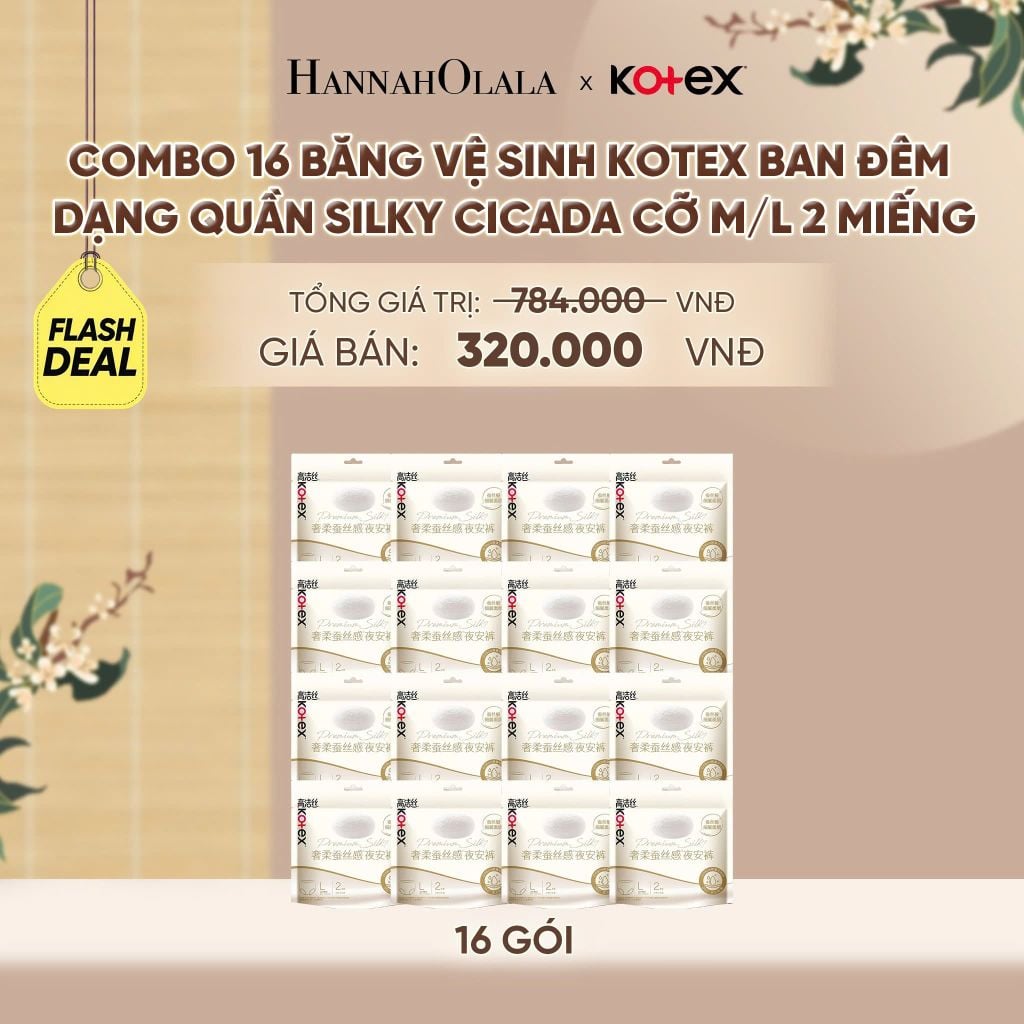  [FLASHDEAL] COMBO 16 BĂNG VỆ SINH KOTEX BAN ĐÊM DẠNG QUẦN SILKY CICADA CỠ M/L 2 MIẾNG - A478 