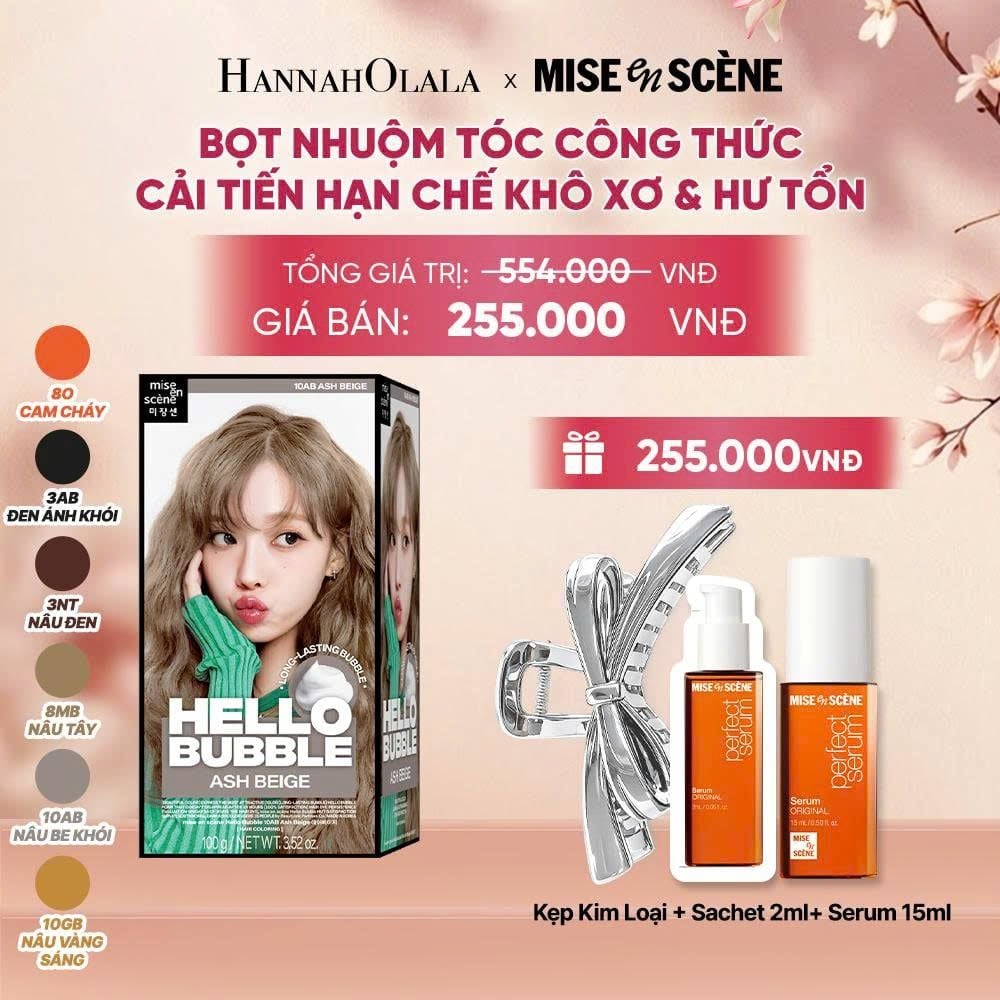  NHUỘM TÓC TẠI NHÀ MISE EN SCÈNE HELLO BUBBLE 100G DẠNG BỌT KEM CÔNG THỨC CẢI TIẾN MỚI HẠN CHẾ KHÔ XƠ VÀ HƯ TỔN - A1822 