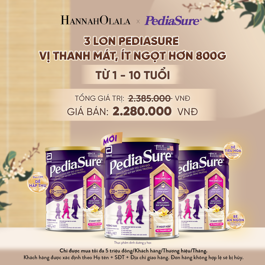  3 LON PEDIASURE VỊ THANH MÁT, ÍT NGỌT HƠN 800G (DÙNG CHO BÉ 1-10 TUỔI) - A829 