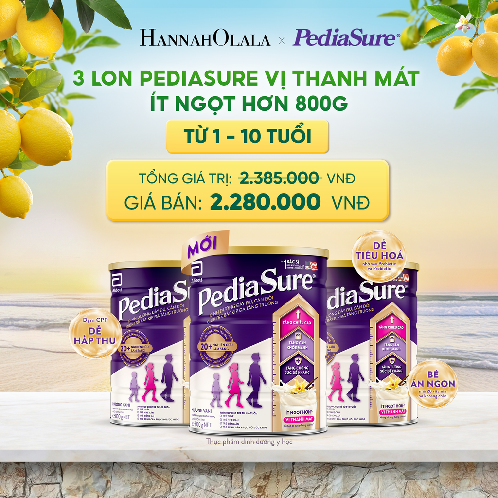  3 LON PEDIASURE VỊ THANH MÁT, ÍT NGỌT HƠN 800G (DÙNG CHO BÉ 1-10 TUỔI) DEAL 17: 