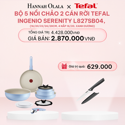  DEAL 10.1: BỘ 5 NỒI CHẢO 2 CÁN RỜI TEFAL INGENIO SERENITY L827SB04, 16/20/22/26/28CM, 4 NẮP 16/20, XANH DƯƠNG 