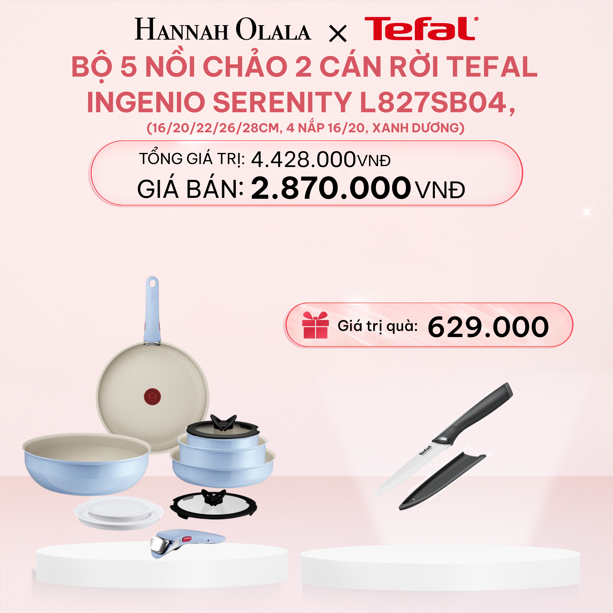  E83_DEAL 10.1: BỘ 5 NỒI CHẢO 2 CÁN RỜI TEFAL INGENIO SERENITY L827SB04, 16/20/22/26/28CM, 4 NẮP 16/20, XANH DƯƠNG 