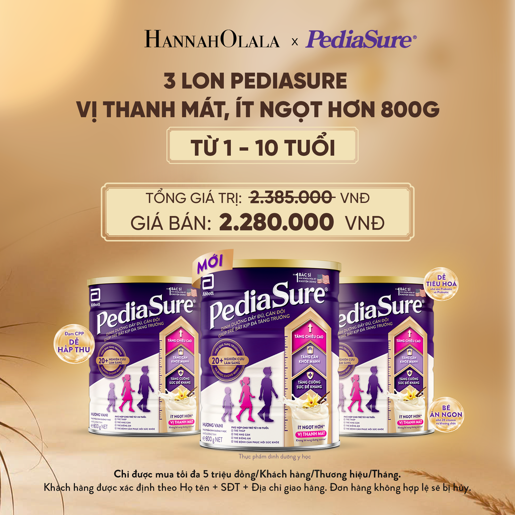  3 LON PEDIASURE VỊ THANH MÁT, ÍT NGỌT HƠN 800G (DÙNG CHO BÉ 1-10 TUỔI) - E210 
