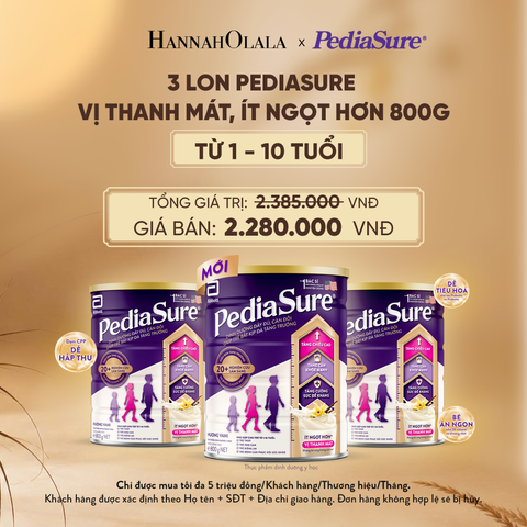  3 LON PEDIASURE VỊ THANH MÁT, ÍT NGỌT HƠN 800G (DÙNG CHO BÉ 1-10 TUỔI) - E210 
