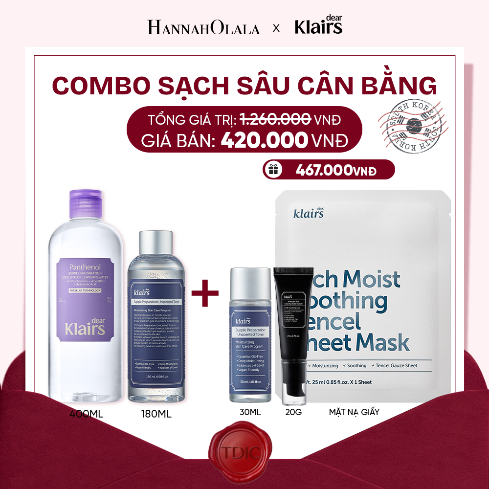  COMBO DEAR, KLAIRS NƯỚC HOA HỒNG SUPPLE PREPARATION UNSCENTED TONER 180ML (IP04) DEAR KLAIRS NƯỚC TẨY TRANG SUPPLE PREPARATION UNSCENTED CLEANSING WATER 400ML (IP04)_M77 