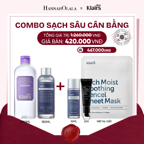  COMBO DEAR, KLAIRS NƯỚC HOA HỒNG SUPPLE PREPARATION UNSCENTED TONER 180ML (IP04) DEAR KLAIRS NƯỚC TẨY TRANG SUPPLE PREPARATION UNSCENTED CLEANSING WATER 400ML (IP04)_M77 