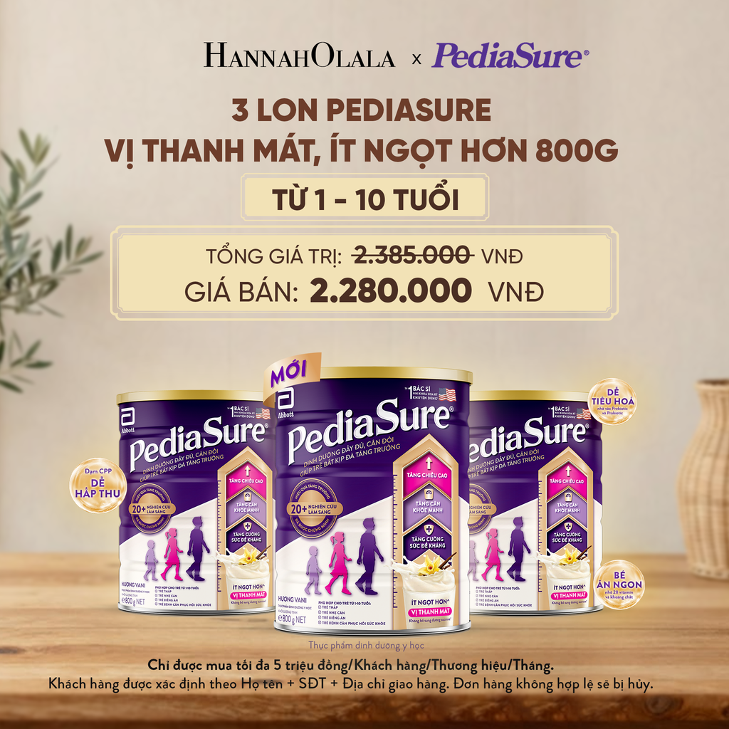  3 LON PEDIASURE VỊ THANH MÁT, ÍT NGỌT HƠN 800G (DÙNG CHO BÉ 1-10 TUỔI) - D97 