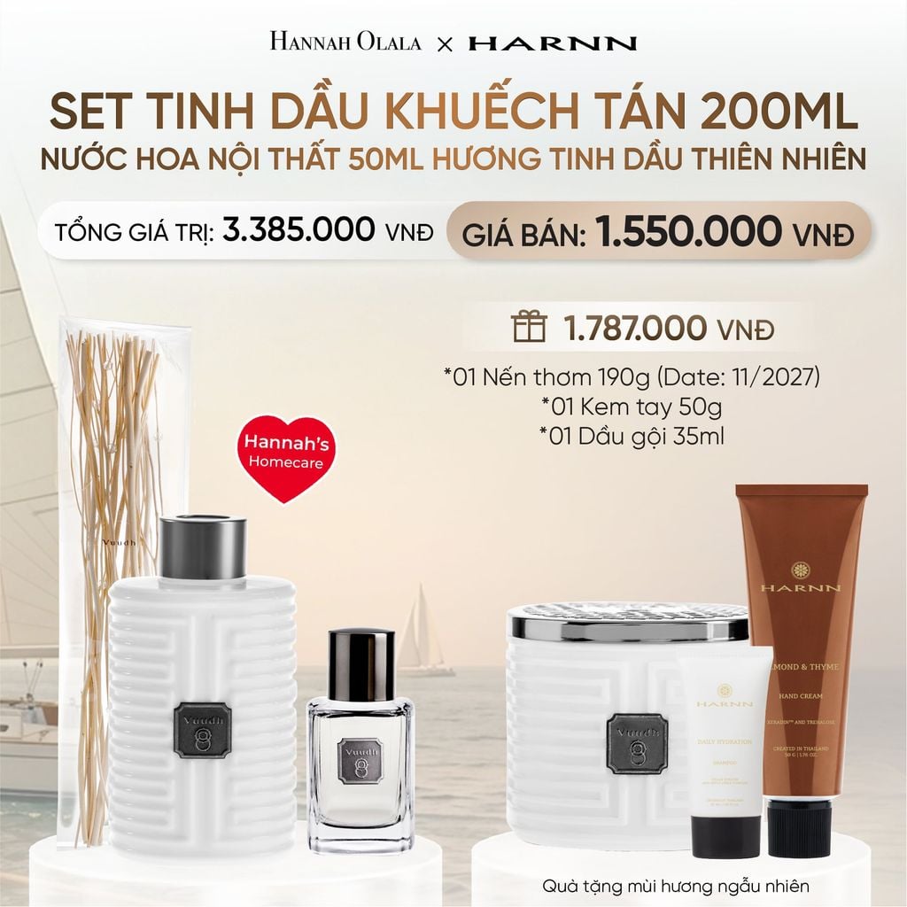 HANNAH'S HOMECARE SET TINH DẦU KHUẾCH TÁN 200ML, NƯỚC HOA NỘI THẤT 50ML HƯƠNG TINH DẦU THIÊN NHIÊN _ DEAL 17 