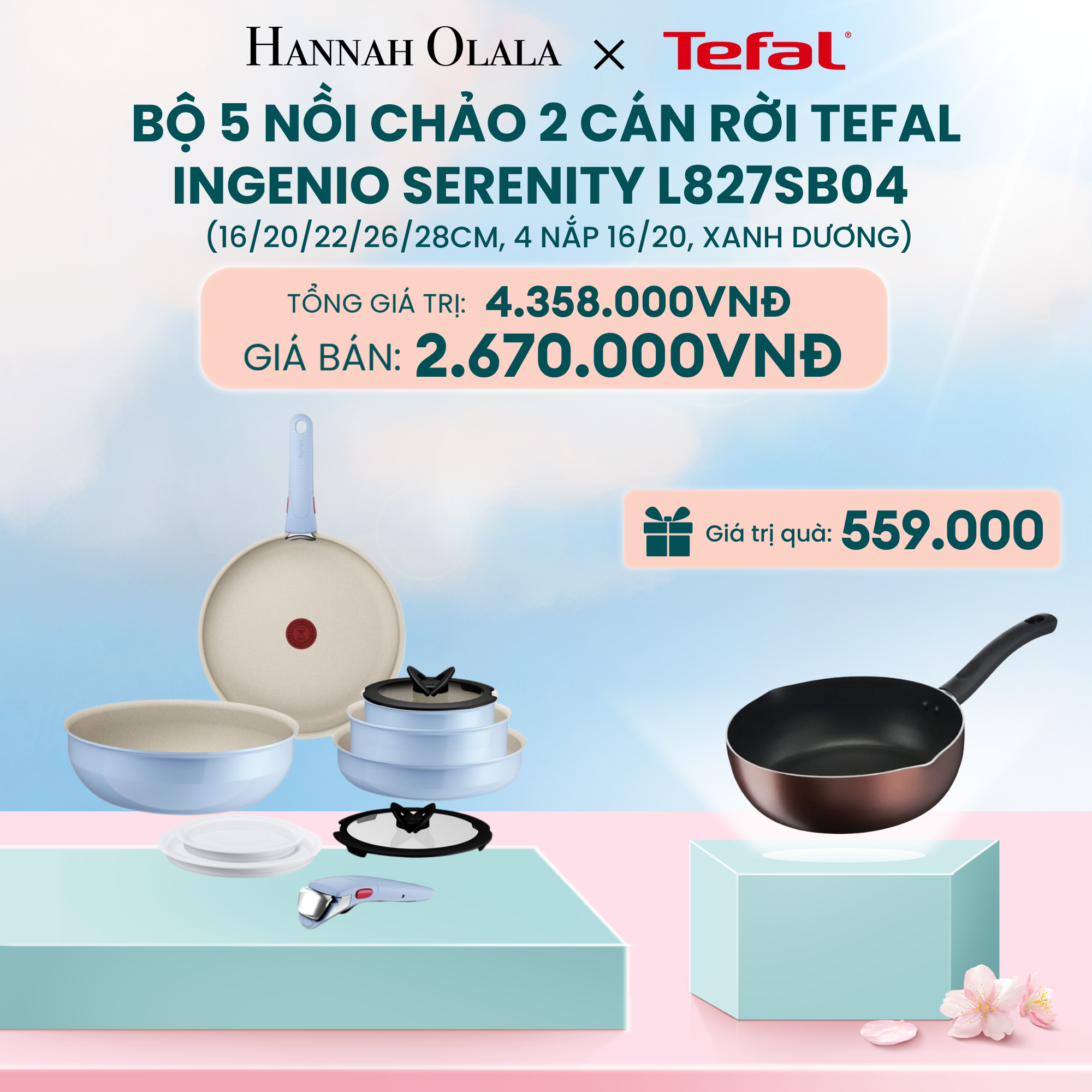  DEAL 14: BỘ 5 NỒI CHẢO 2 CÁN RỜI TEFAL INGENIO SERENITY L827SB04, 16/20/22/26/28CM, 4 NẮP 16/20 