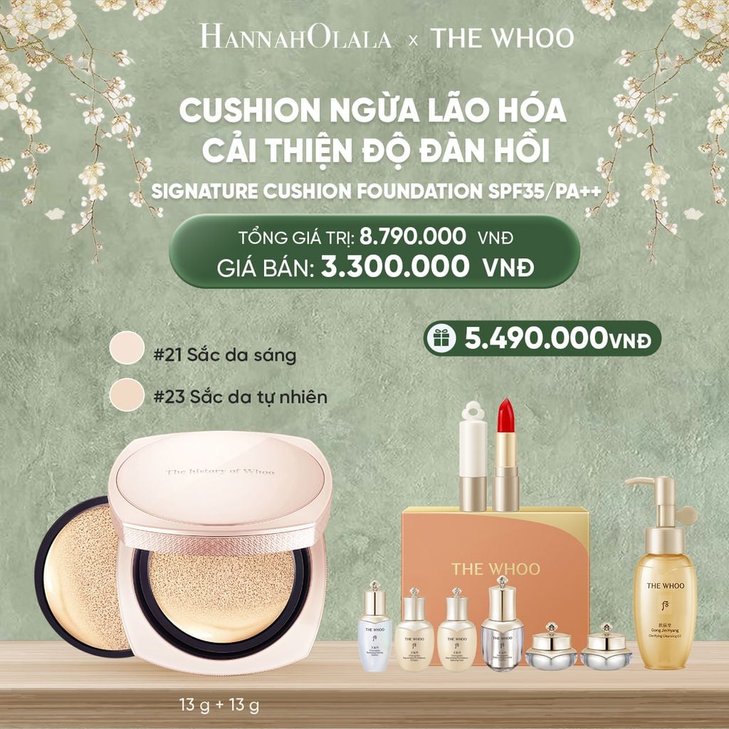  DEAL17: [TẶNG KÈM 1 LÕI] CUSHION NGỪA LÃO HÓA CẢI THIỆN ĐỘ ĐÀN HỒI WHOO CHEOYULDAN SIGNATURE CUSHION FOUNDATION SPF35/PA++ 