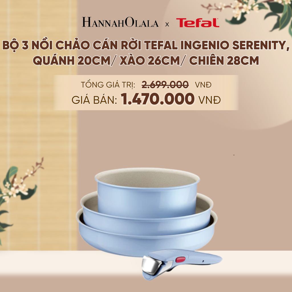  [MỚI] BỘ 3 NỒI CHẢO CÁN RỜI TEFAL INGENIO SERENITY, QUÁNH 20CM/ XÀO 26CM/ CHIÊN 28CM - A623 