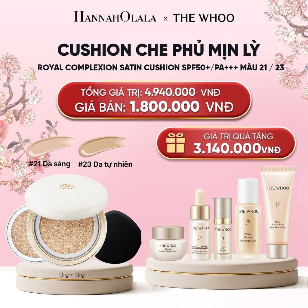  MỚI - [TẶNG KÈM 1 LÕI] CUSHION CHE PHỦ MỊN LỲ THE WHOO ROYAL COMPLEXION SATIN CUSHION SPF50+/PA+++ 