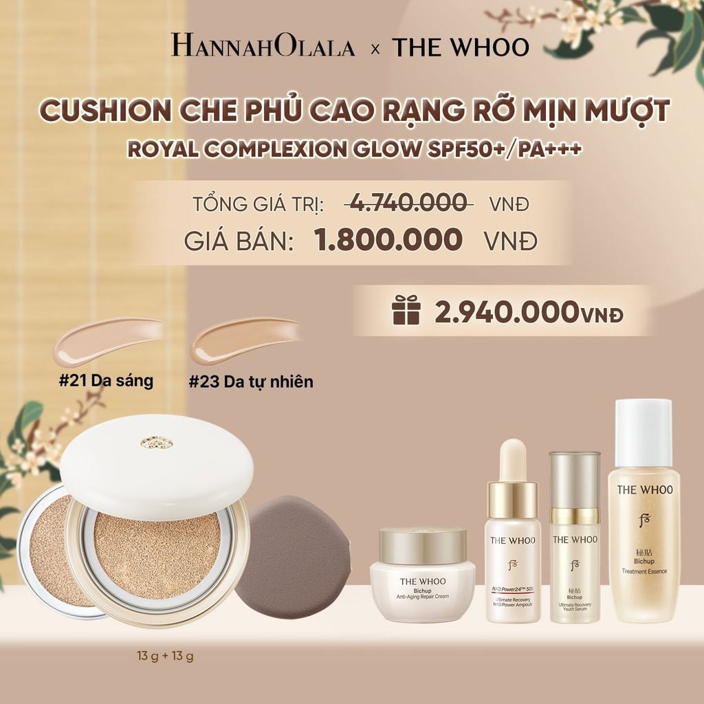  [TẶNG KÈM 1 LÕI] CUSHION CHE PHỦ CAO RẠNG RỠ MỊN MƯỢT THE WHOO ROYAL COMPLEXION GLOW SPF50+/PA+++ - A99 