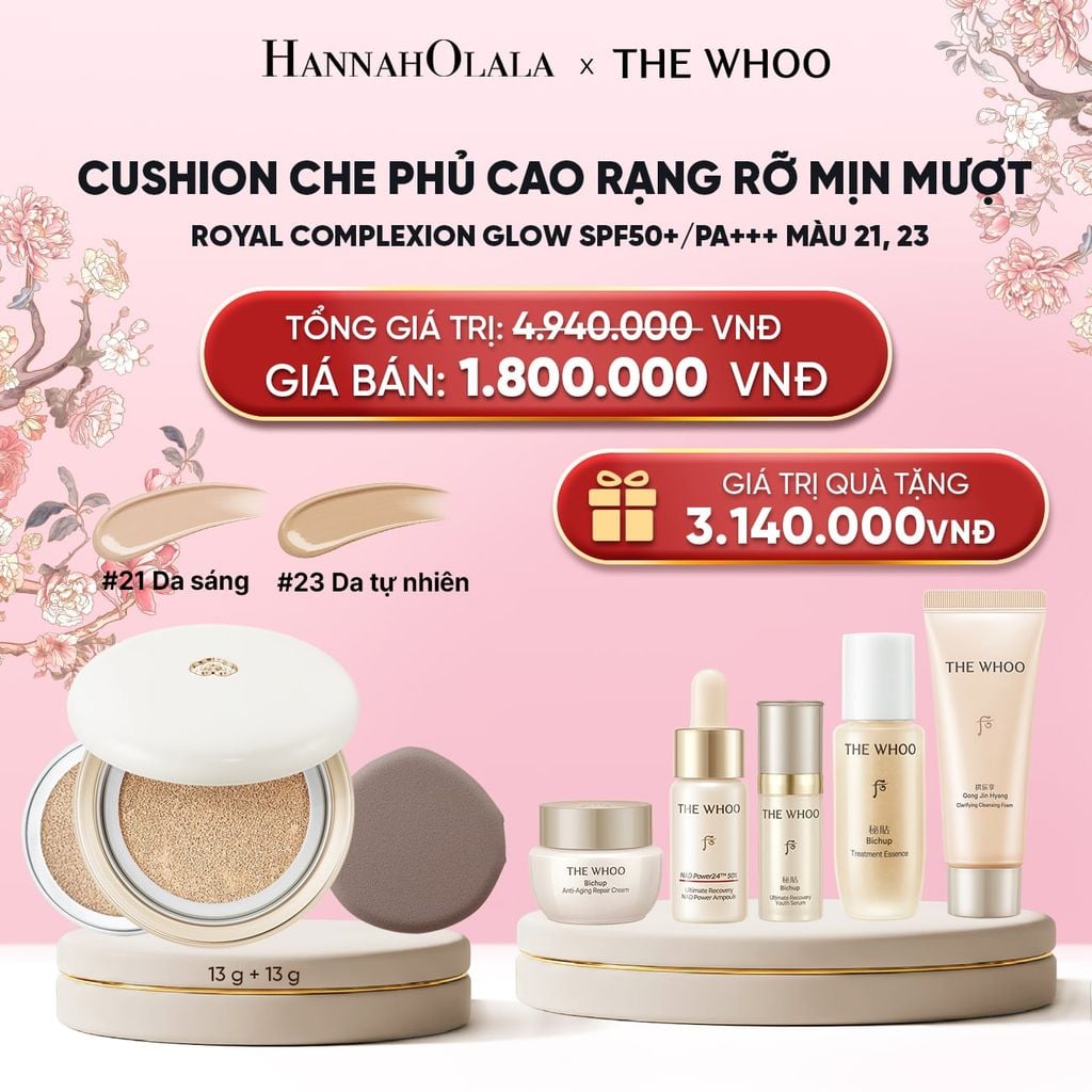  [TẶNG KÈM 1 LÕI] CUSHION CHE PHỦ CAO RẠNG RỠ MỊN MƯỢT THE WHOO ROYAL COMPLEXION GLOW SPF50+/PA+++ 