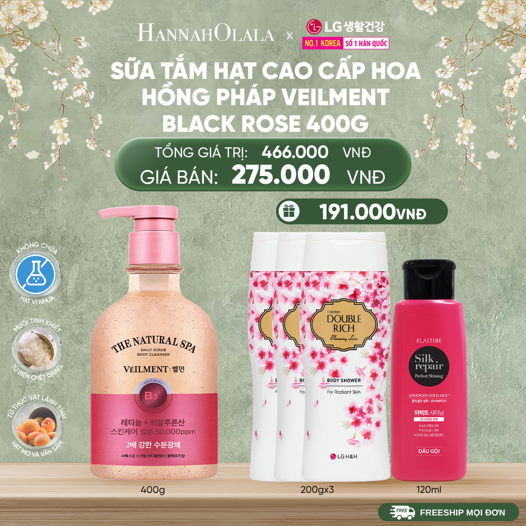  DEAL 15: SỮA TẮM HẠT HƯƠNG HOA HỒNG PHÁP VEILMENT SPA BLACK ROSE 400G 