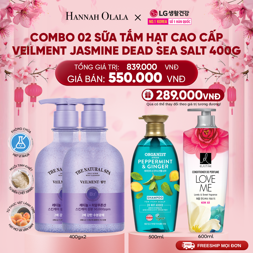  DEAL 20: COMBO 02 SỮA TẮM HẠT VEILMENT NATURAL SPA JASMINE DEAD SEA SALT 400G 