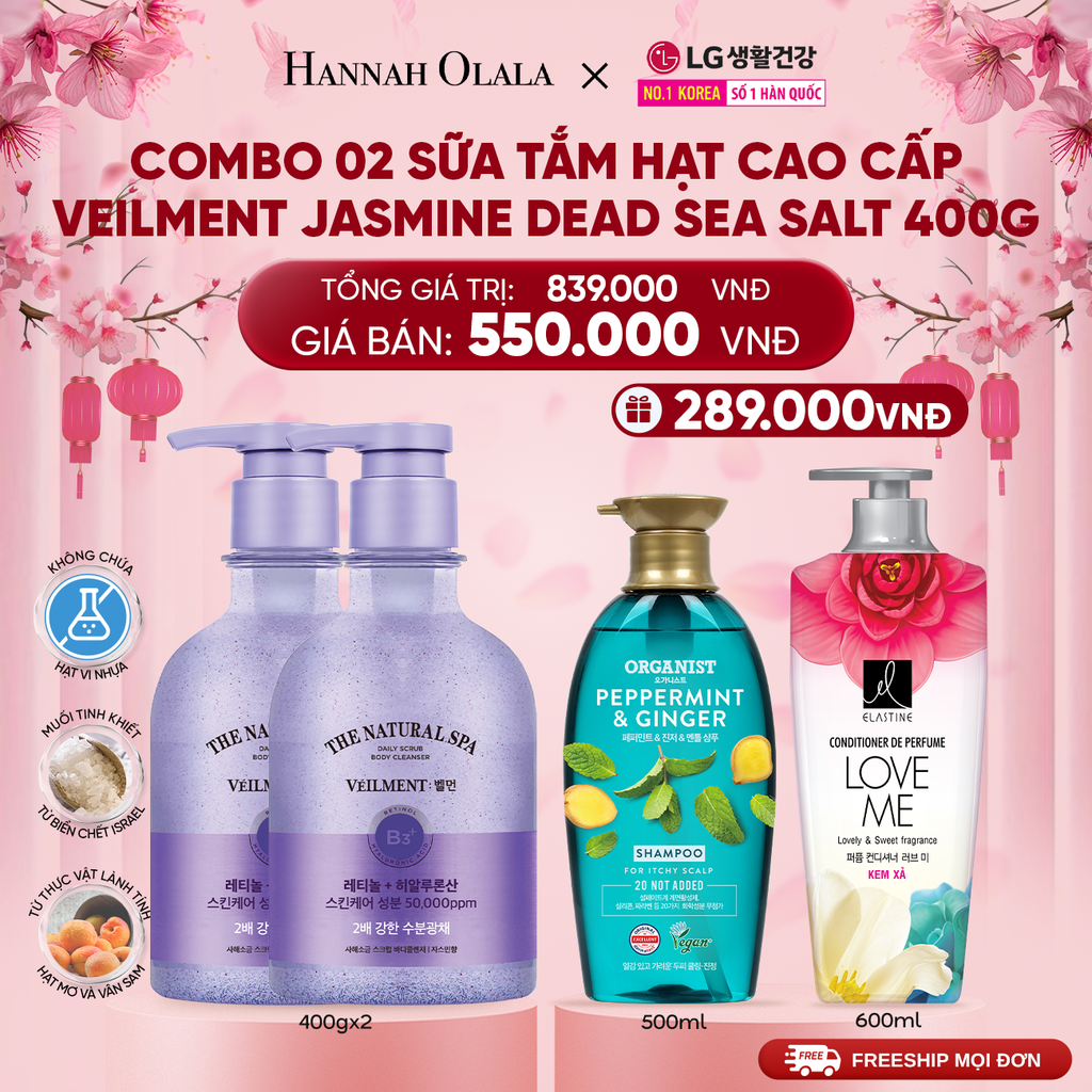  A1455_DEAL 20: COMBO 02 SỮA TẮM HẠT VEILMENT NATURAL SPA JASMINE DEAD SEA SALT 400G 