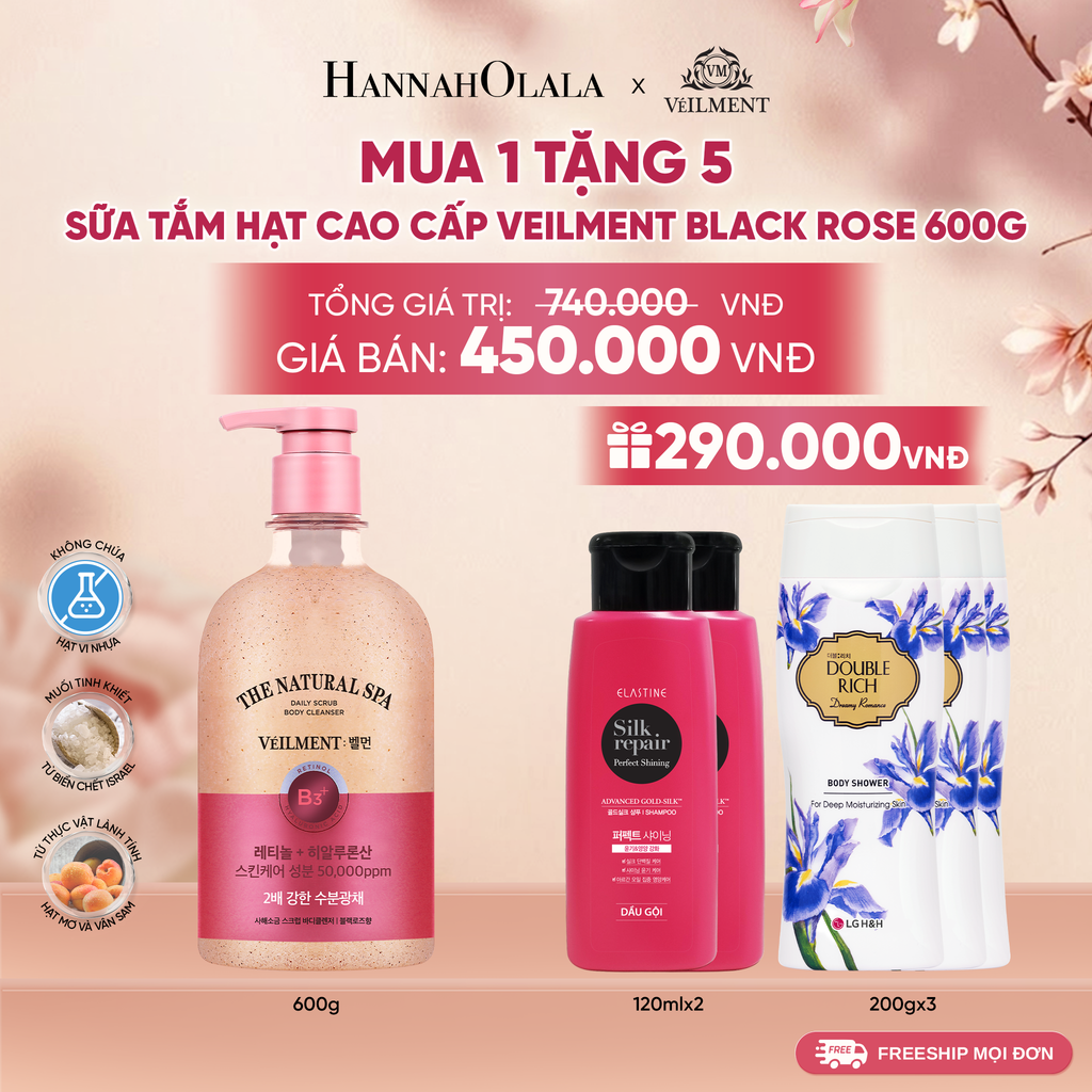  SỮA TẮM HẠT HƯƠNG HOA HỒNG PHÁP VEILMENT SPA BLACK ROSE 600G 