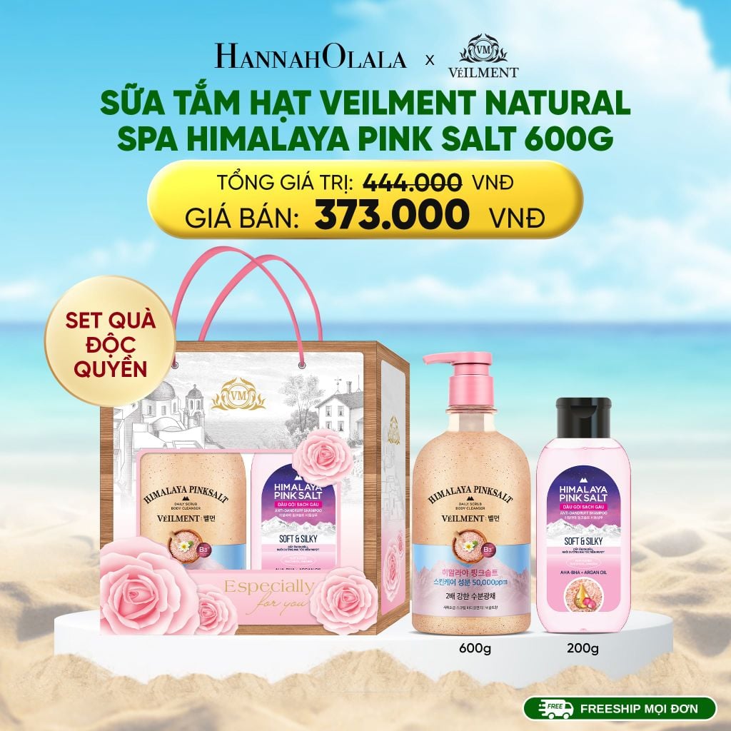  DEAL 25: SET QUÀ ĐỘC QUYỀN- SỮA TẮM HẠT VEILMENT NATURAL SPA HIMALAYA PINK SALT 600G 