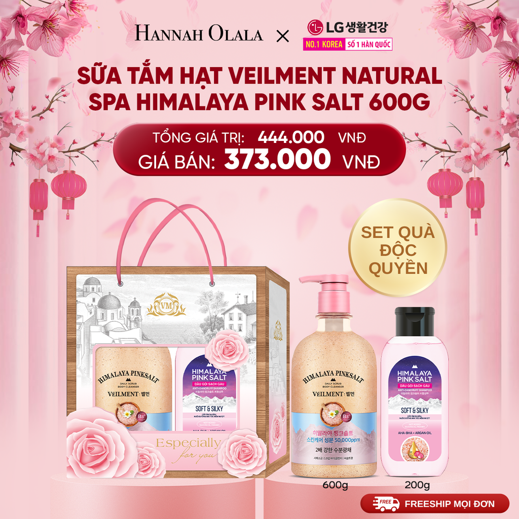  A844_DEAL46: SET QUÀ ĐỘC QUYỀN- SỮA TẮM HẠT VEILMENT NATURAL SPA HIMALAYA PINK SALT 600G 