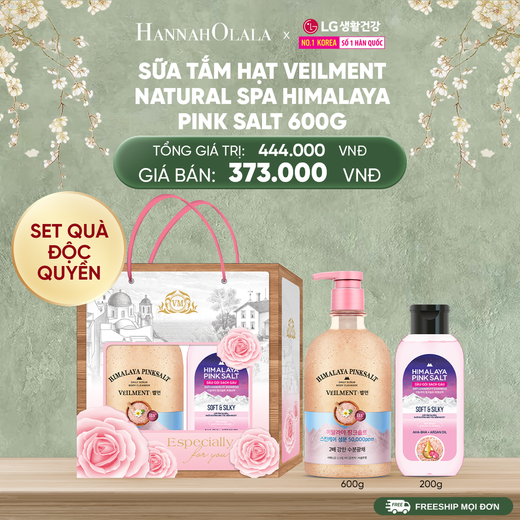  DEAL 46: SET QUÀ ĐỘC QUYỀN- SỮA TẮM HẠT VEILMENT NATURAL SPA HIMALAYA PINK SALT 600G 
