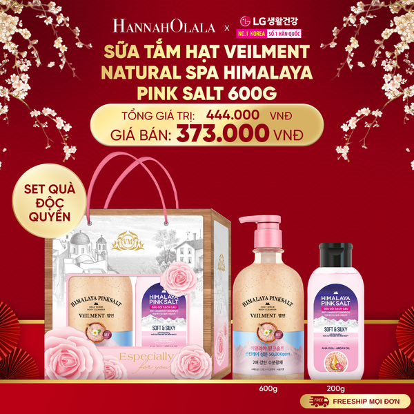  DEAL47: SET QUÀ ĐỘC QUYỀN- SỮA TẮM HẠT VEILMENT NATURAL SPA HIMALAYA PINK SALT 600G 