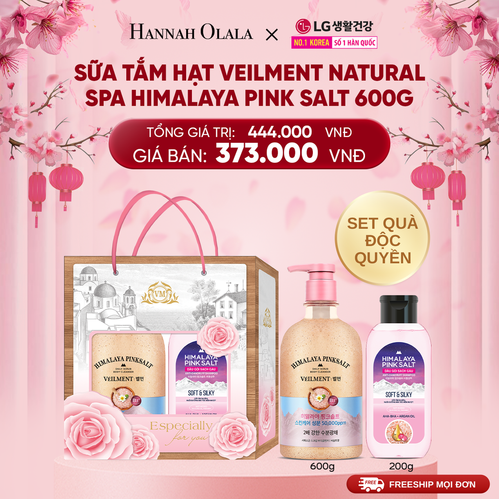  DEAL46: SET QUÀ ĐỘC QUYỀN- SỮA TẮM HẠT VEILMENT NATURAL SPA HIMALAYA PINK SALT 600G 