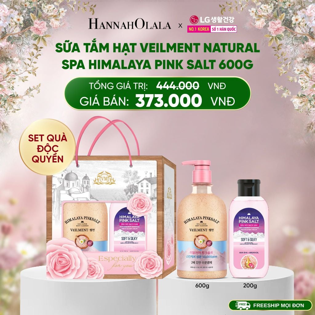  E877_DEAL 45: SET QUÀ ĐỘC QUYỀN- SỮA TẮM HẠT VEILMENT NATURAL SPA HIMALAYA PINK SALT 600G 