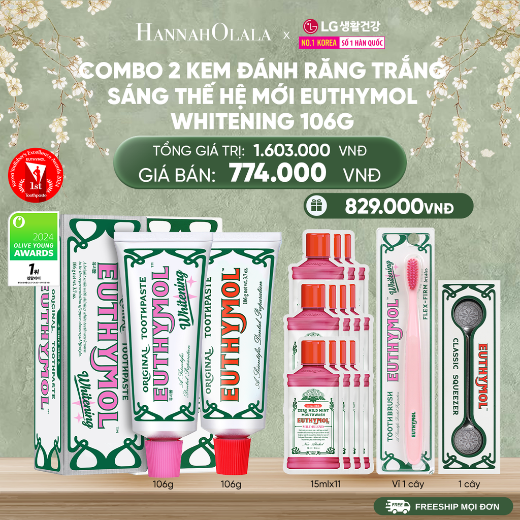  DEAL 11: COMBO 2 KEM ĐÁNH RĂNG TRẮNG RĂNG EUTHYMOL CÔNG NGHỆ SẮC TÍM - TRUNG HÒA Ố VÀNG 106GR - ORIGINAL & HỒNG 